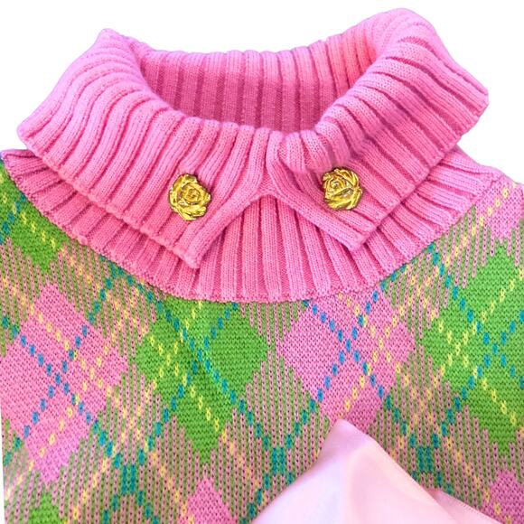 Motoguo Designer 100% Merino Wool Bow Argyle Turtleneck Sweater Pink Green Small - Picture 10 of 14